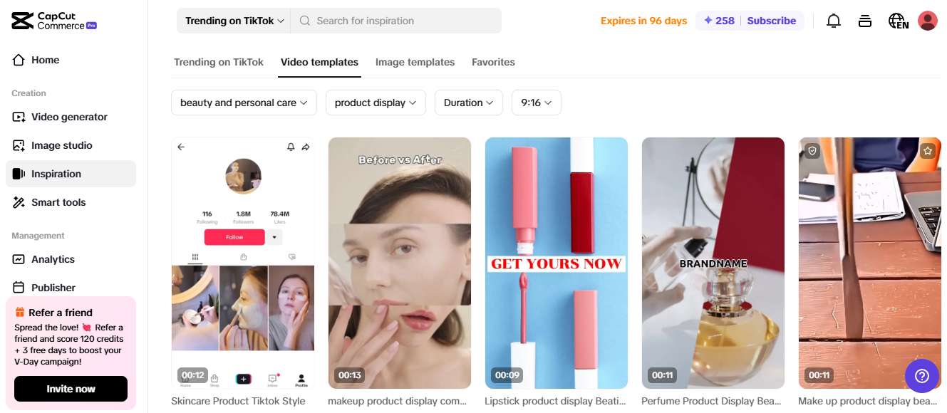 CapCut Commerce Pro interface displaying beauty and personal care video templates for creating high-paying side gigs.